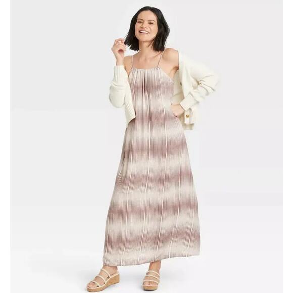 A New Day NWT Brown Cream Striped Adjustable Strap Maxi Dress Large - Picture 1 of 6